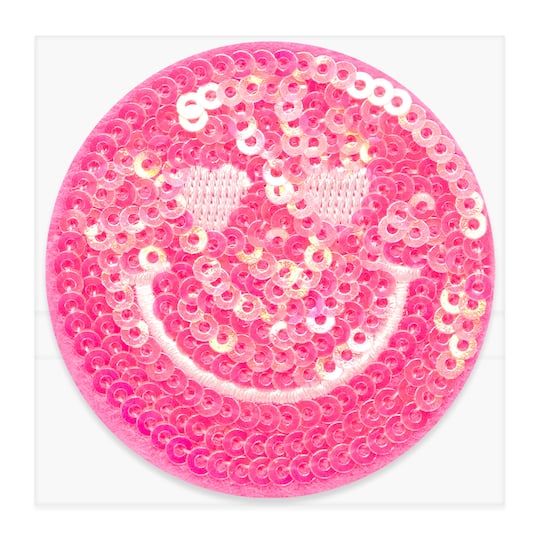 Pink Sequin Embroidered Smiley Face Iron-On & Adhesive Patch by Make Market®